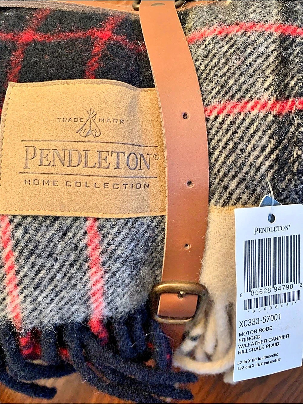 Pendleton Motor Robe with Leather Carrier - Hillsdale Plaid Wool Plaid Blanket - Picture 2 of 6